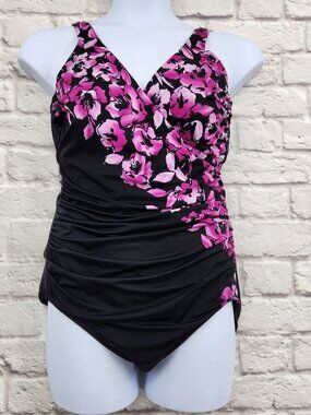 Plus Size 18 Wrap One Piece Swimsuit Black Pink Floral Tummy Control